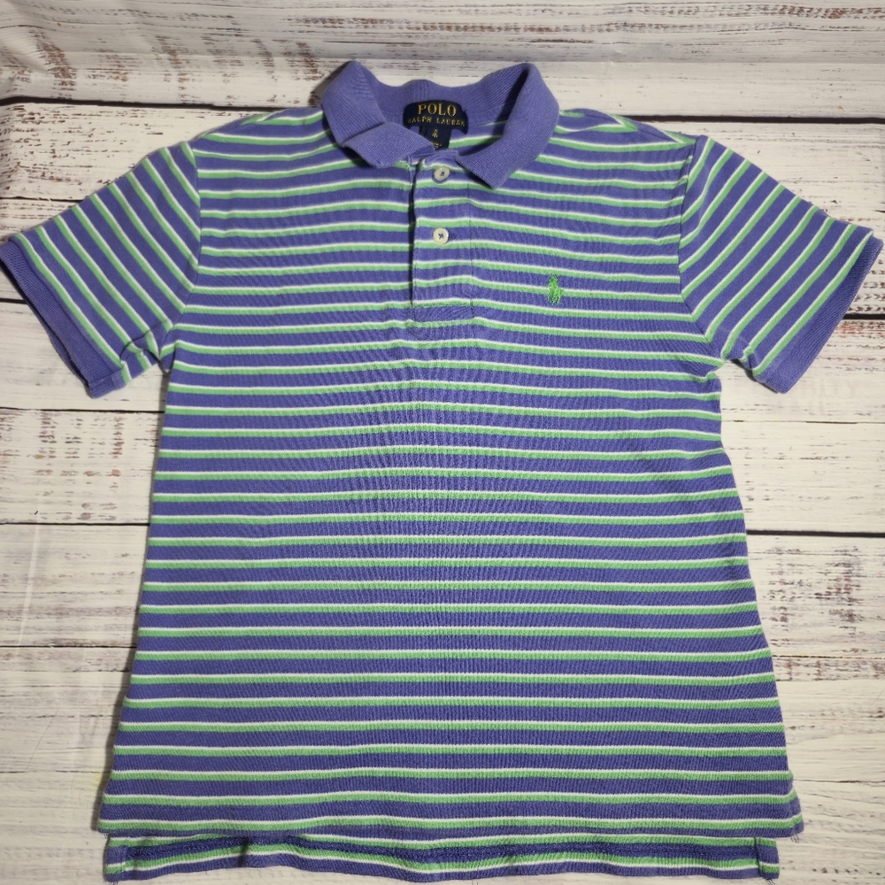 Polo Ralph Lauren Boys Size S (8) Purple Green Striped Polo Shirt Short Sleeve